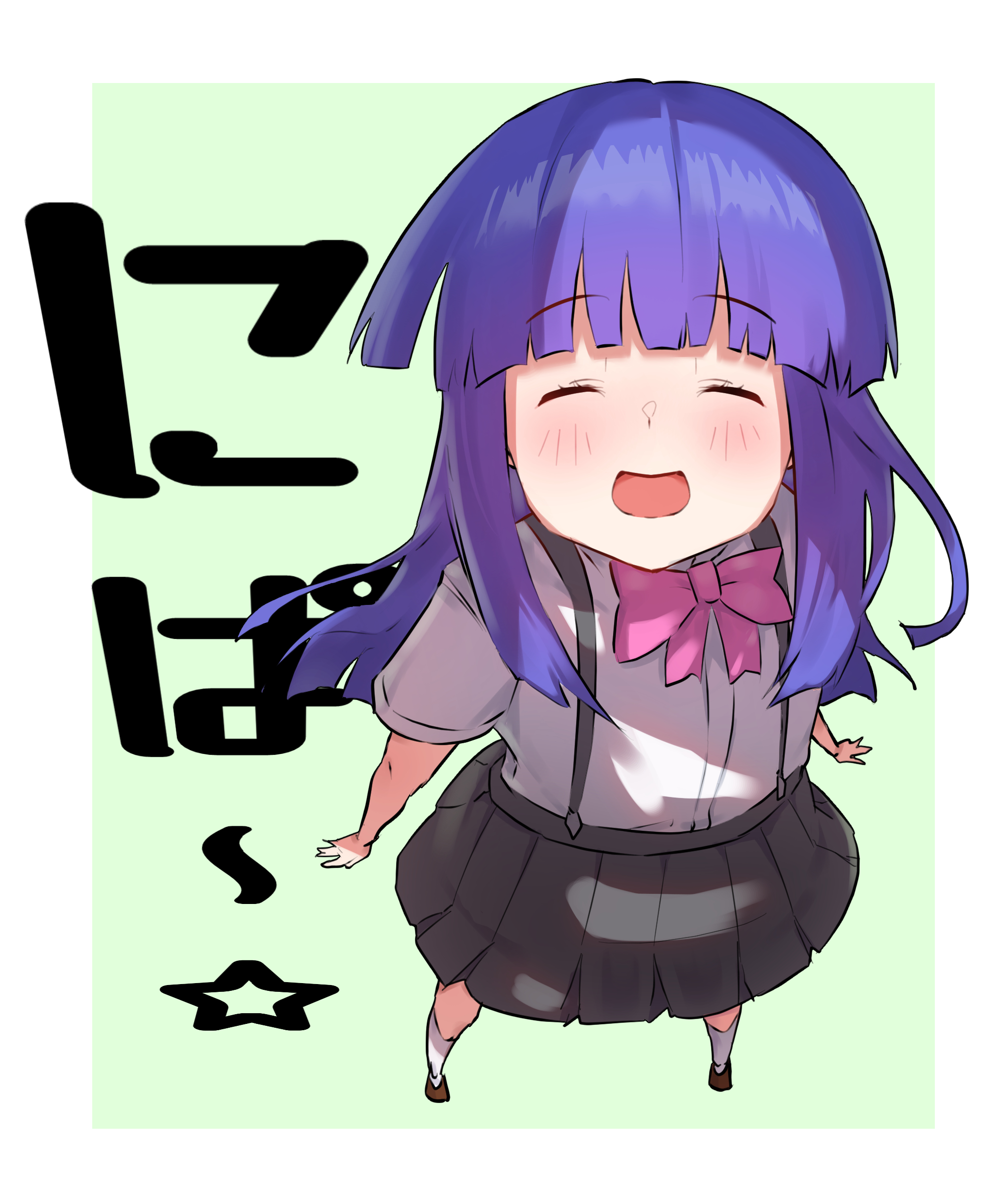 furude rika, higurashi no naku koro ni, absurdres, highres, 1girl, blue hair, blush, border, bow, brown shoes, closed eyes, from above, hime cut, letter, level3, looking at viewer, pink bow, shoes, skirt, smile, socks, suspender skirt, suspenders, white socks