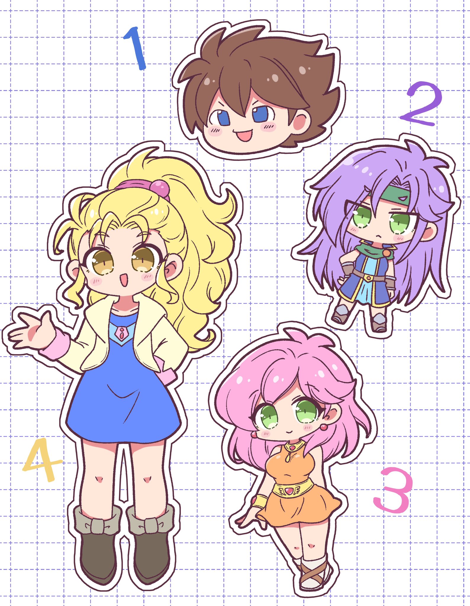 bartz klauser, faris scherwiz, krile mayer baldesion (ff5), lenna charlotte tycoon, final fantasy, final fantasy v, highres, 3girls, armored boots, bare shoulders, black boots, blue dress, blue eyes, blue tunic, blush, boots, bracer, breasts, brown hair, chibi, chibi inset, cloak, coat, cropped head, dress, earrings, full body, furrowed brow, gold trim, green cloak, green eyes, green headband, grid background, hair between eyes, hair bobbles, hair ornament, hair tie, hand on own hip, headband, jewelry, medium breasts, multiple girls, numbered, open mouth, orange dress, parted bangs, pink hair, ponytail, purple hair, short hair, sidelocks, smile, tkyuff, tunic, wavy hair, yellow coat