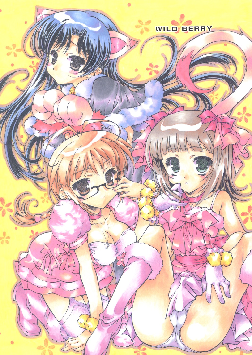akizuki ritsuko, amami haruka, kisaragi chihaya, idolmaster, idolmaster (classic), idolmaster 1, highres, 00s, animal ears, bare shoulders, blue hair, blush, boots, braid, brown eyes, brown hair, cute & girly (idolmaster), glasses, green eyes, hair ribbon, knee boots, long hair, orange hair, panties, ribbon, thighhighs, underwear, zettai ryouiki