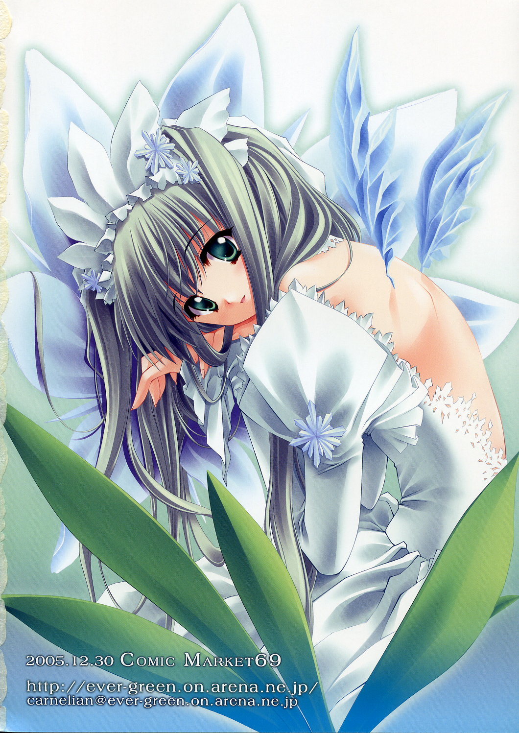 carnelian, highres, scan, backless dress, backless outfit, blush, dress, green eyes, green hair, grey hair, hair ribbon, ribbon, solo, wings