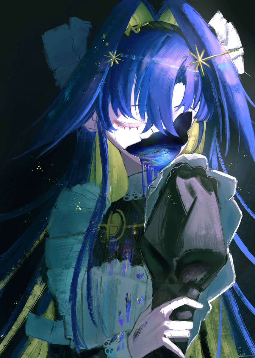 upmocks, voyager (reverse:1999), reverse:1999, highres, 1girl, apron, black background, black dress, black hairband, blue hair, blue liquid, closed eyes, colored inner hair, dress, facing viewer, frilled apron, frills, hair intakes, hair ornament, hairband, holding own arm, hole in face, hollow body, juliet sleeves, long hair, long sleeves, multicolored hair, puffy sleeves, school uniform, solo, soviet school uniform, star (symbol), star hair ornament, upper body, white apron