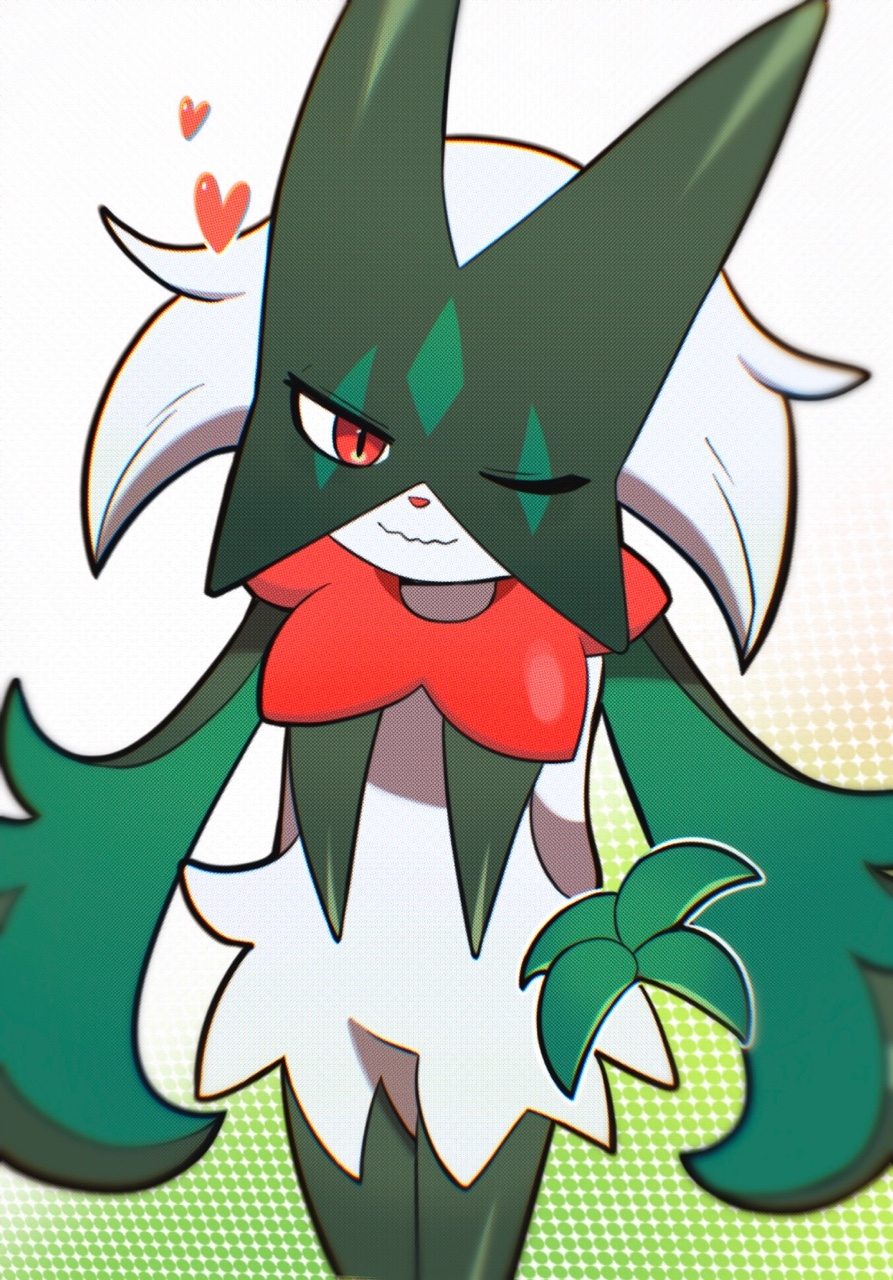 chirosamu, meowscarada, nintendo, pokemon, commentary request, highres, arms behind back, blurry, chromatic aberration, closed mouth, cowboy shot, heart, one eye closed, pokemon (creature), red eyes, smile, solo, wavy mouth, white background
