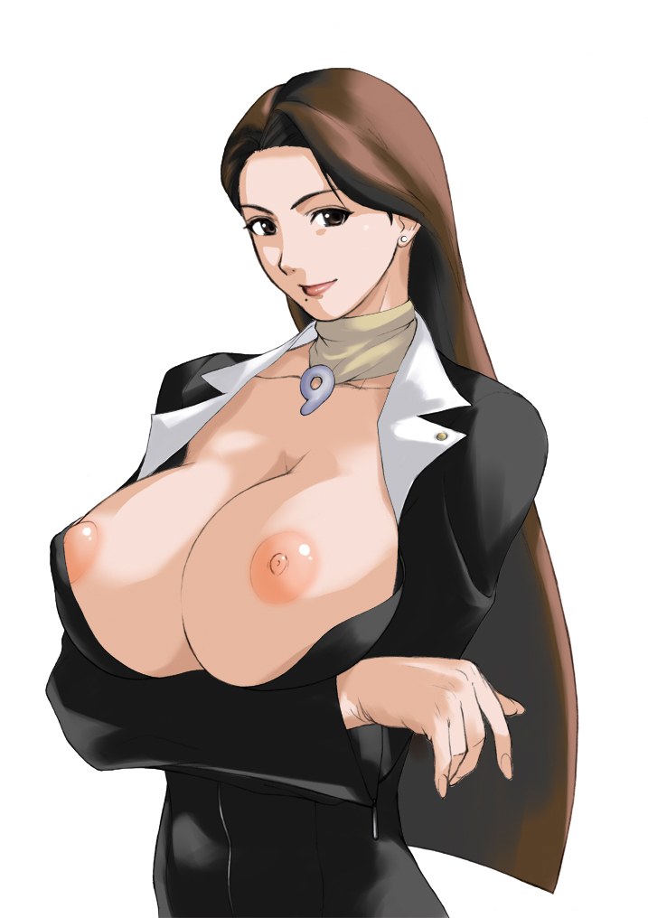 arisawa masaharu, mia fey, ace attorney, capcom, breast hold, 1girl, breasts, brown eyes, brown hair, female focus, fingernails, large breasts, long fingernails, long hair, mole, nipples, solo