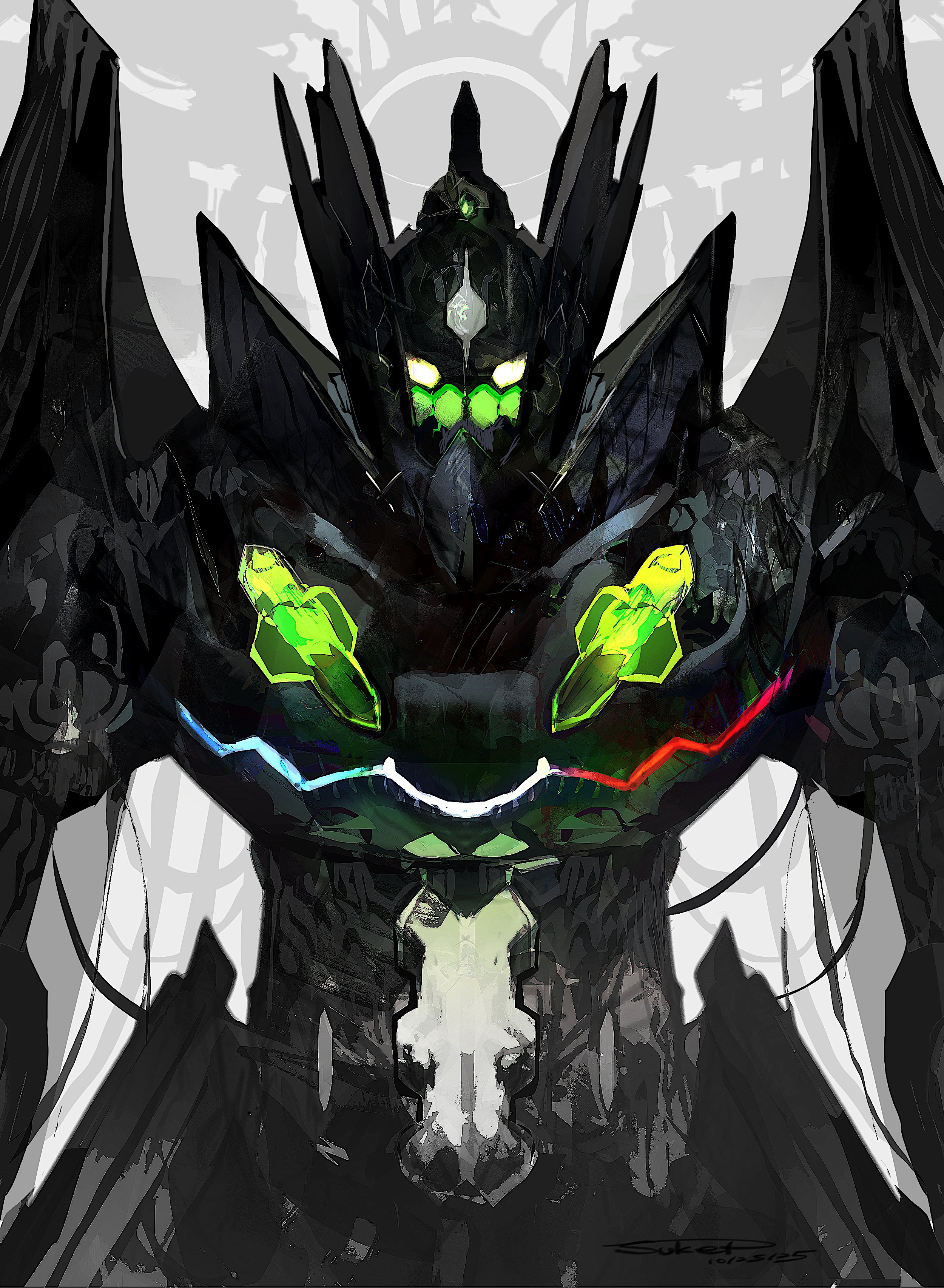 sukepmonster, zygarde, zygarde (complete), nintendo, pokemon, pokemon xy, absurdres, highres, 1other, closed mouth, dated, gen 6 pokemon, legendary pokemon, looking at viewer, no humans, pokemon (creature), signature, solo, white background, white eyes