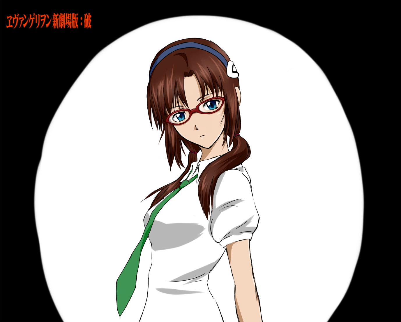 ryokucha, makinami mari illustrious, evangelion: 2.0 you can (not) advance, neon genesis evangelion, rebuild of evangelion, 00s, 1girl, blue eyes, breasts, brown hair, female focus, glasses, hair ornament, hairclip, solo, twintails