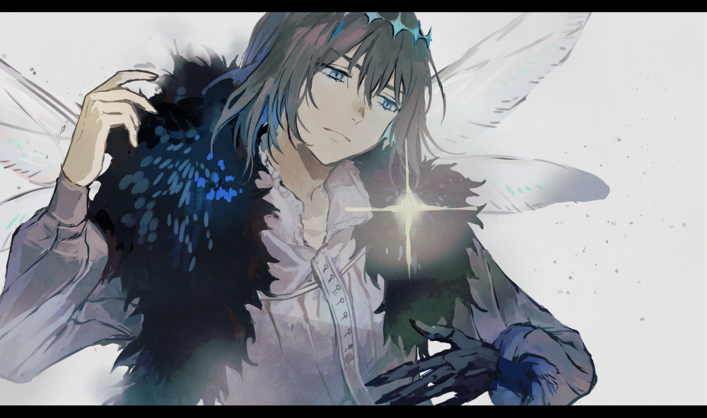 siiqa vivi, oberon (fate), oberon (third ascension) (fate), fate/grand order, fate (series), spoilers, 1boy, blue eyes, bow, crown, dancing, diamond hairband, dress shirt, frown, insect wings, letterboxed, long sleeves, male focus, shirt, short hair, solo, upper body, white shirt, wings