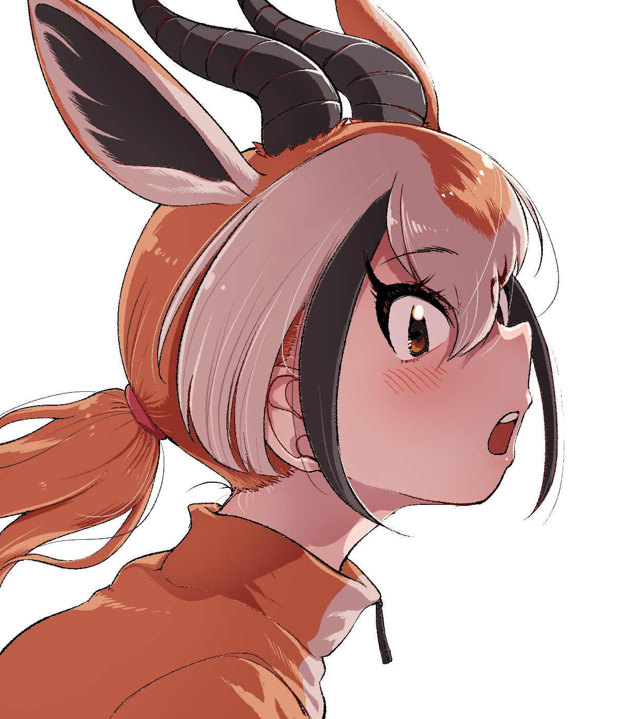 mcgunngu, springbok (kemono friends), kemono friends, highres, 1girl, antelope ears, antelope horns, blush, brown eyes, brown hair, brown jacket, extra ears, hair between eyes, jacket, multicolored hair, multicolored jacket, open mouth, ponytail, portrait, profile, short hair, sidelocks, solo, track jacket, two-tone jacket, white hair, white jacket