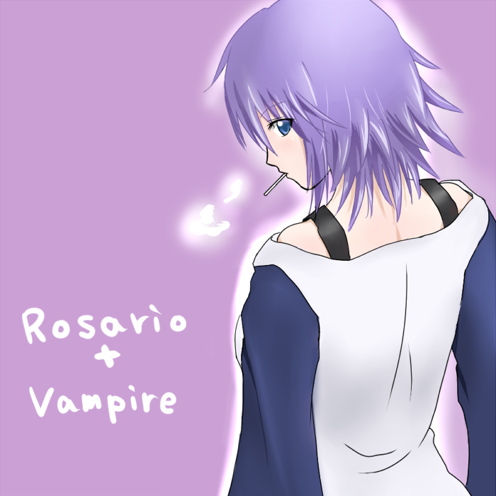 ryokucha, shirayuki mizore, rosario+vampire, 00s, 1girl, back, blue eyes, breath, candy, female focus, food, lollipop, purple background, purple hair, short hair, simple background, solo