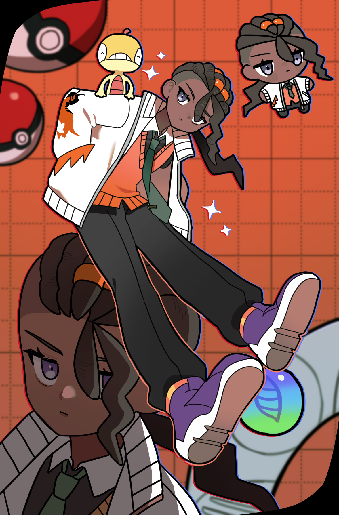 chirosamu, naveen (pokemon), scraggy, nintendo, pokemon, pokemon legends: z-a, commentary request, highres, 1boy, bent over, black pants, black shirt, bracelet, brown hair, chibi, closed mouth, collared shirt, dark-skinned male, dark skin, gen 5 pokemon, green necktie, grid background, hand in pocket, jacket, jewelry, long hair, male focus, mega stone, multiple views, necktie, open clothes, open jacket, orange background, orange vest, pants, poke ball, poke ball (basic), pokemon on arm, purple eyes, purple shoes, shirt, shoes, sparkle, unworn bracelet, vest, white jacket