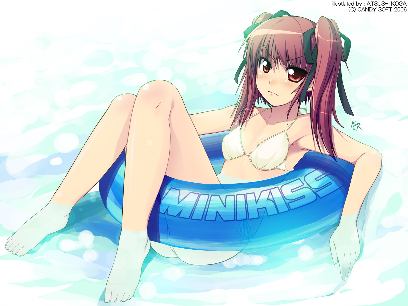 atsushi koga, koga atsushi, konoe sunao, tsuyokiss, highres, 1girl, 2006, armpits, barefoot, bikini, english text, engrish text, feet, female focus, innertube, long hair, looking at viewer, ranguage, red eyes, red hair, signature, solo, swim ring, swimsuit, twintails, white bikini