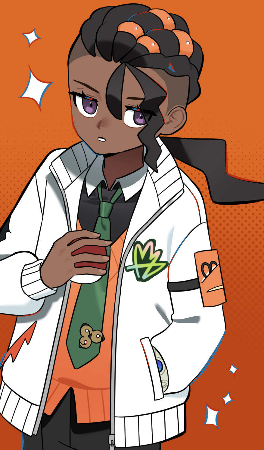 chirosamu, naveen (pokemon), nintendo, pokemon, pokemon legends: z-a, commentary request, highres, 1boy, black pants, black shirt, bracelet, brown hair, closed mouth, collared shirt, dark-skinned male, dark skin, green necktie, hair between eyes, hand in pocket, hand up, holding, holding poke ball, jacket, jewelry, long hair, long sleeves, male focus, necktie, open clothes, open jacket, orange background, orange vest, pants, poke ball, poke ball (basic), purple eyes, shirt, solo, sparkle, tie clip, vest, white jacket