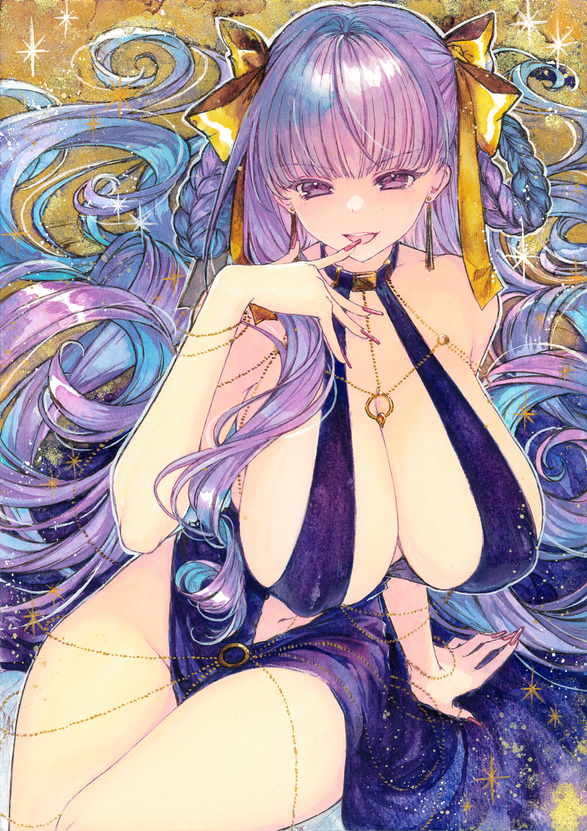 chikinan tarou, bb (fate), bb dubai (fate), fate/grand order, fate (series), highres, painting (medium), traditional media, watercolor (medium), 1girl, bare shoulders, belly chain, black dress, blush, bracelet, braid, braided hair rings, breasts, cleavage, covered erect nipples, dress, hair ribbon, hair rings, jewelry, large breasts, long hair, looking at viewer, navel, necklace, open mouth, plunging neckline, purple eyes, purple hair, ribbon, side slit, sideboob, sitting, smile, solo, sparkle, thighs, twin braids, very long hair, yellow ribbon