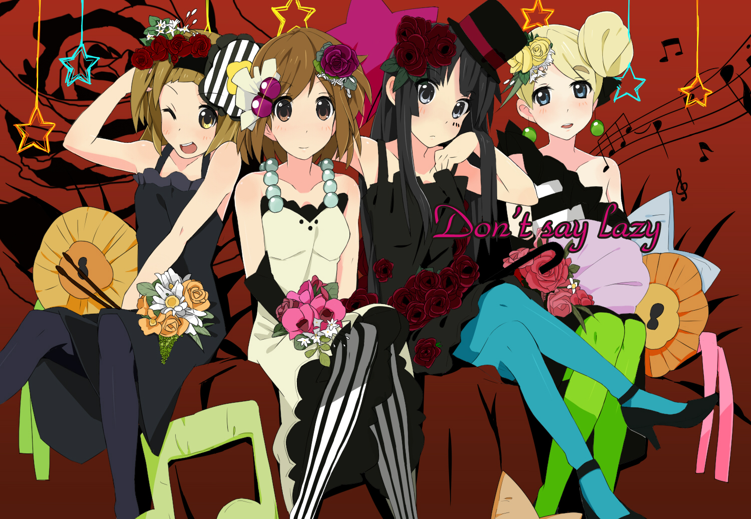 narju, akiyama mio, hirasawa yui, kotobuki tsumugi, tainaka ritsu, don't say "lazy", k-on!, black legwear, striped legwear, vertical-striped legwear, bad id, bad pixiv id, 00s, 4girls, black hair, blonde hair, blue pantyhose, bouquet, brown hair, earrings, flower, green pantyhose, hair bun, hat, high heels, ho-kago tea time, jewelry, long hair, mini hat, mini top hat, multiple girls, pantyhose, shoes, short hair, single hair bun, striped clothes, striped pantyhose, top hat, vertical-striped clothes, vertical-striped pantyhose