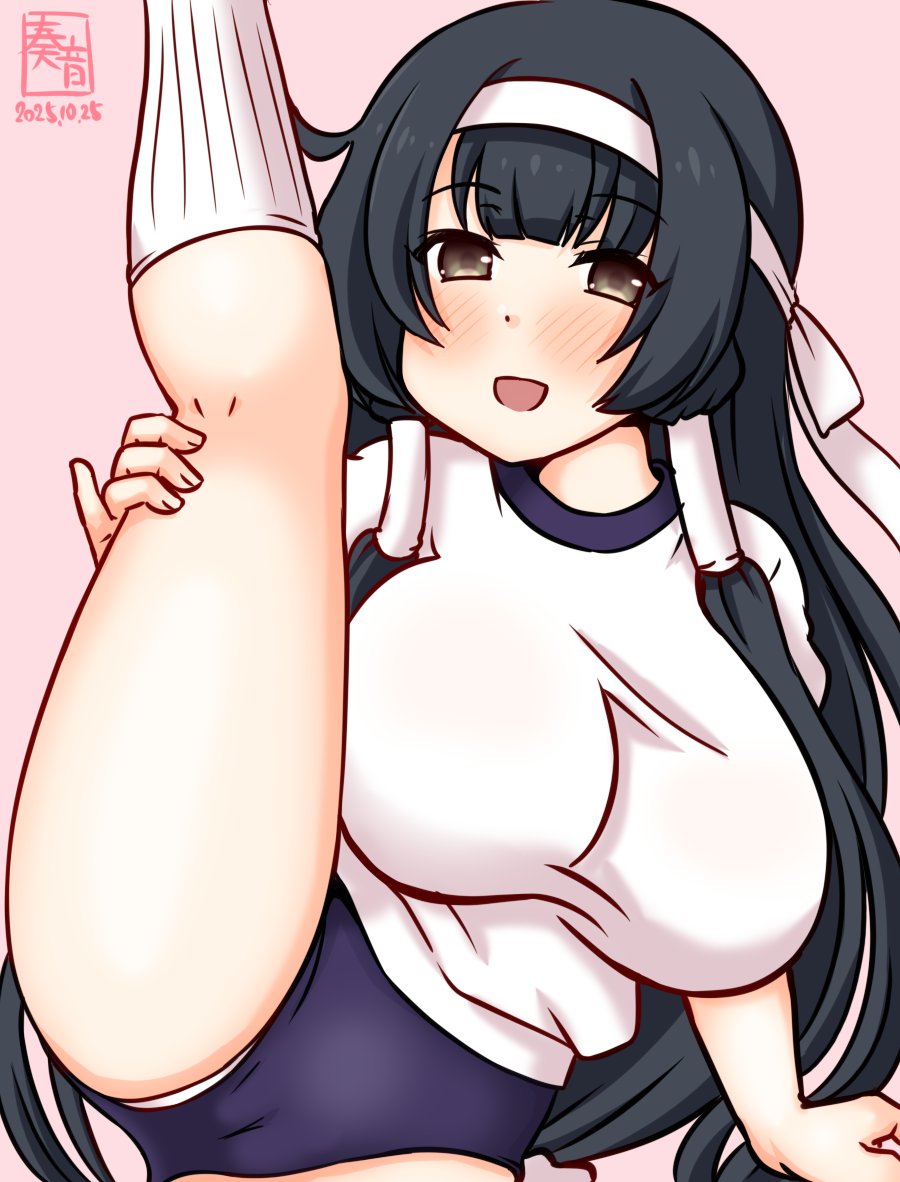 kanon (kurogane knights), mizuho (kancolle), kantai collection, 1girl, alternate costume, artist logo, black hair, blue buruma, breasts, buruma, cameltoe, cowboy shot, dated, hair ornament, hair ribbon, hair tubes, large breasts, leg up, logo, long hair, looking at viewer, one-hour drawing challenge, open mouth, panties, panties under buruma, panty peek, pink background, ribbon, smile, solo, standing, standing on one leg, underwear, very long hair
