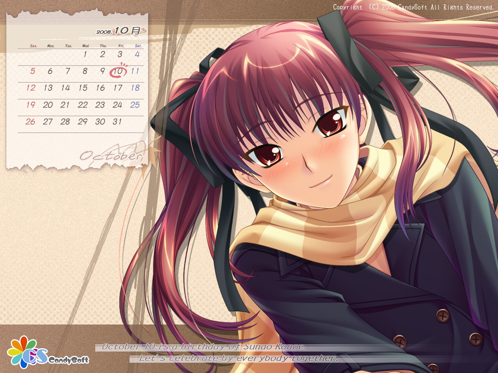 mahiro takeumi, konoe sunao, tsuyokiss, highres, 1girl, blush, female focus, hair ribbon, matching hair/eyes, red eyes, red hair, ribbon, scarf, smile, solo, twintails