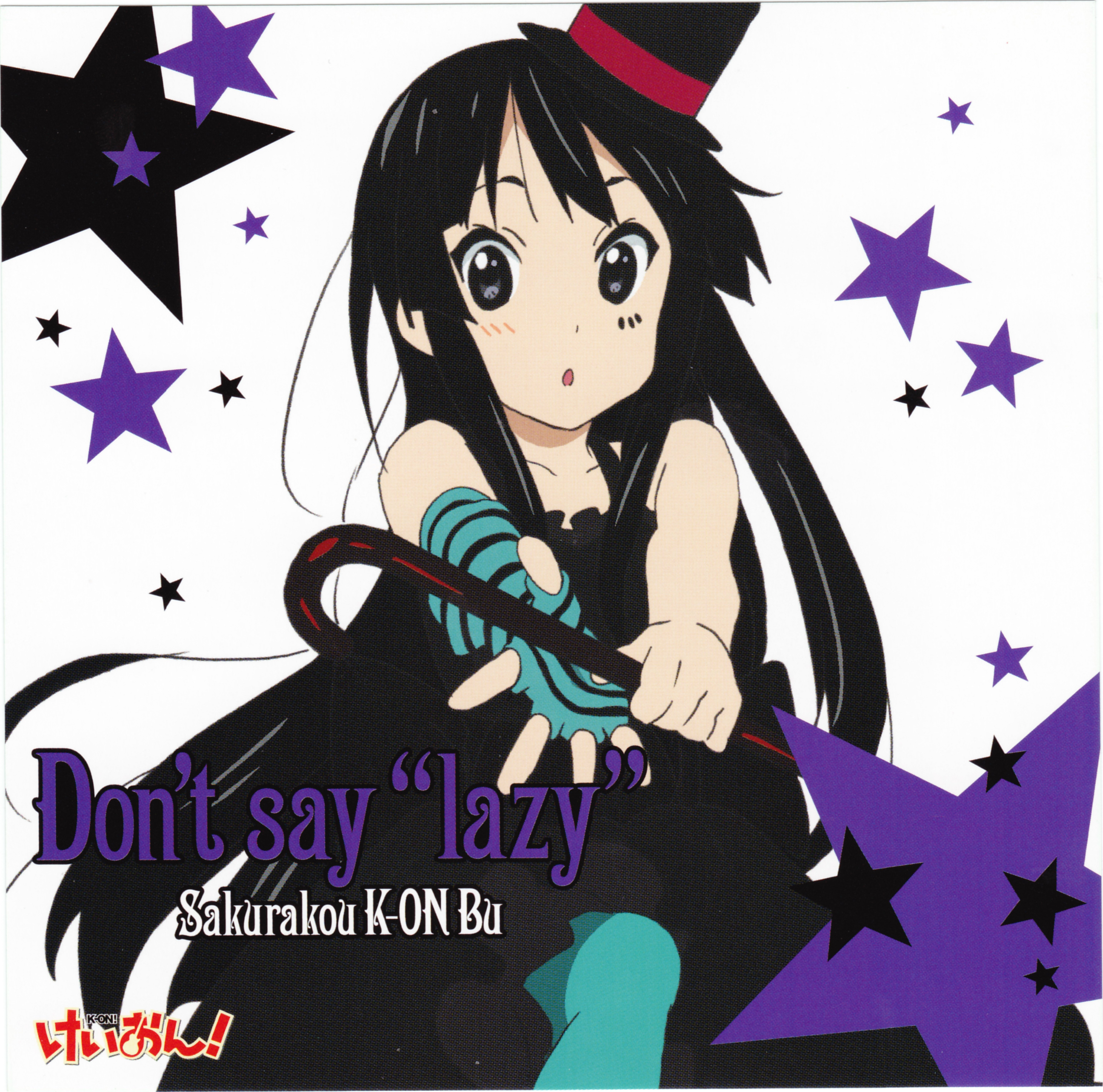 akiyama mio, don't say "lazy", k-on!, absurdres, highres, official art, scan, 00s, 1girl, album cover, blue pantyhose, cane, cover, female focus, hat, mini hat, mini top hat, pantyhose, solo, top hat