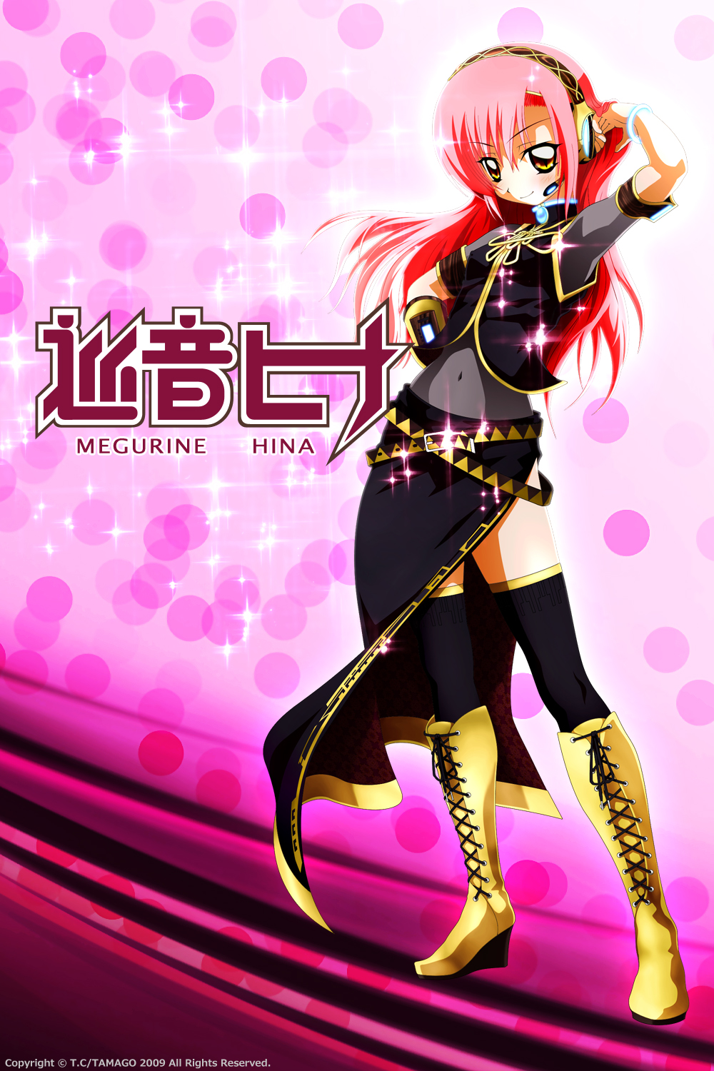 tamago (ching), katsura hinagiku, megurine luka, hayate no gotoku!, vocaloid, bad id, bad pixiv id, highres, 1girl, armband, belt, black thighhighs, blush, boots, bracelet, cosplay, female focus, hairband, headphones, jewelry, knee boots, long hair, look-alike, megurine luka (cosplay), microphone, midriff, navel, parody, pink hair, skirt, smile, solo, standing, thighhighs, yellow eyes