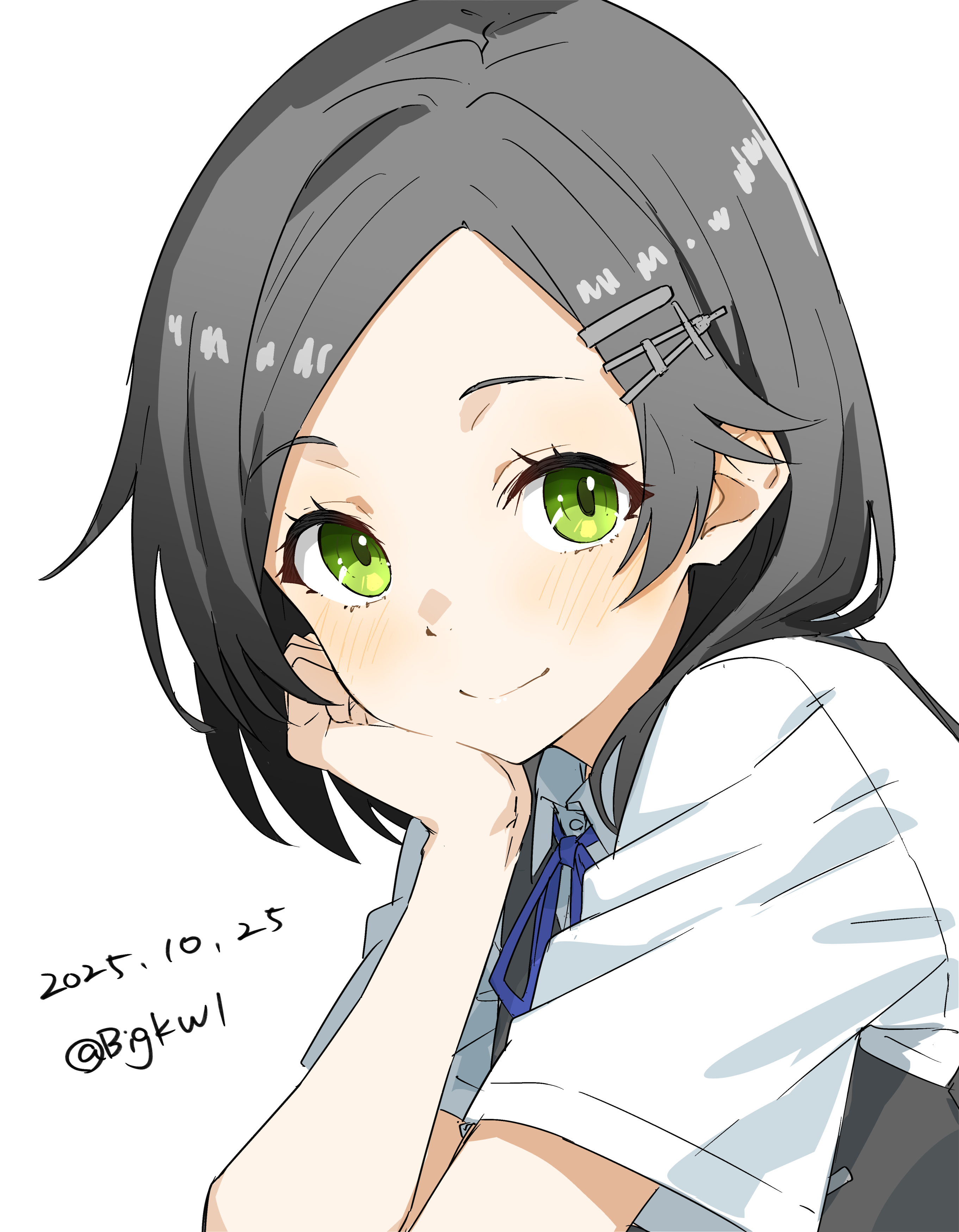 bigkwl, kuroshio (kancolle), kantai collection, absurdres, commentary, highres, 1girl, black hair, blush, closed mouth, dated, dated commentary, green eyes, hair ornament, hairclip, head rest, looking at viewer, neck ribbon, one-hour drawing challenge, pleated skirt, ribbon, school uniform, shirt, short hair, short sleeves, skirt, smile, solo, twitter username, vest, white shirt