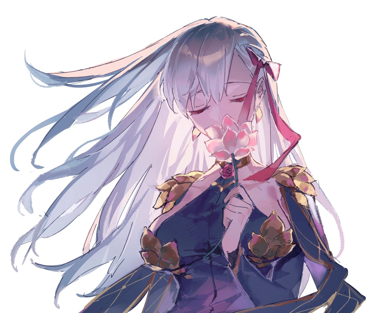 jnsghsi, kama (assassin) (second ascension) (fate), kama (fate), kama (second ascension) (fate), kama (teenager) (fate), fate/grand order, fate (series), bad id, bad twitter id, commentary, 1girl, breasts, breasts apart, closed eyes, facing viewer, flower, grey hair, hair ribbon, holding, holding flower, long hair, lotus, pink ribbon, ribbon, simple background, solo, upper body, white background