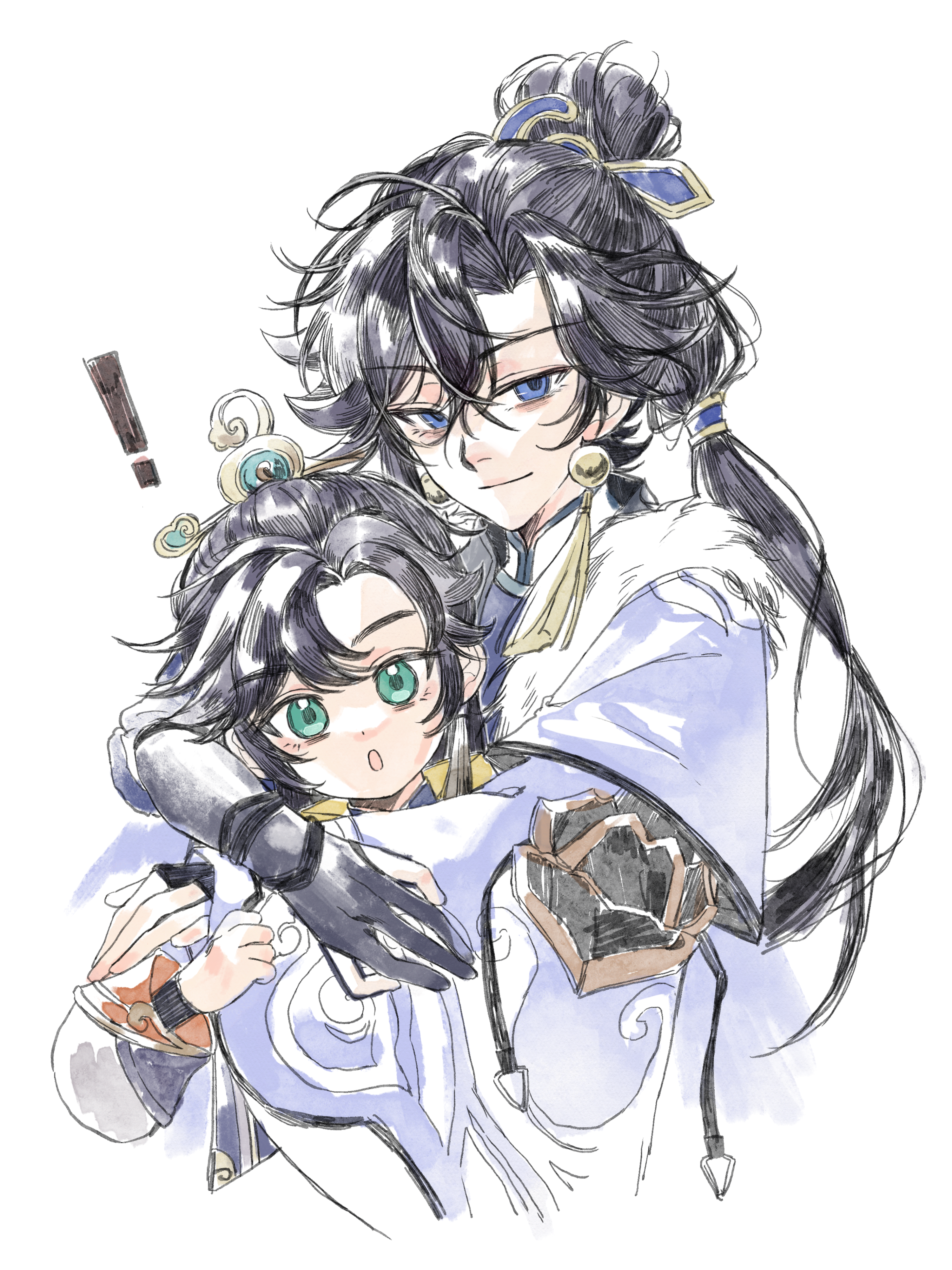 wangyou paigutang, original, absurdres, highres, !, 1boy, 1girl, :o, black gloves, black hair, blue eyes, chinese clothes, closed mouth, cropped torso, earrings, gloves, green eyes, hair between eyes, hanfu, hug, japanese clothes, jewelry, kimono, long hair, long sleeves, looking at viewer, open mouth, parted bangs, partially fingerless gloves, short hair, simple background, smile, white background, white kimono, wide sleeves