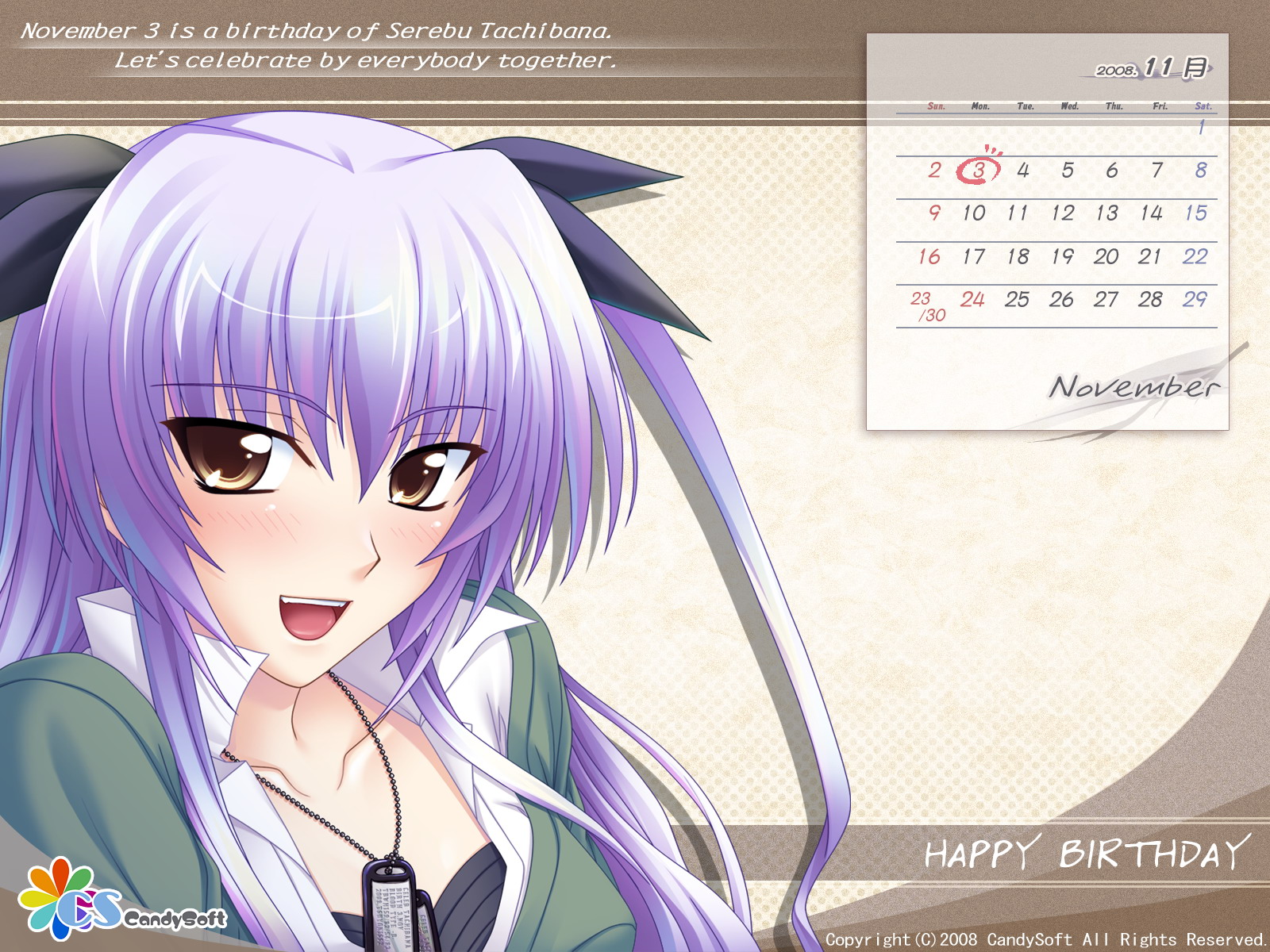 mahiro takeumi, tachibana serebu, tsuyokiss, light purple hair, highres, 1girl, calendar, dog tags, female focus, jewelry, long hair, necklace, purple hair, solo