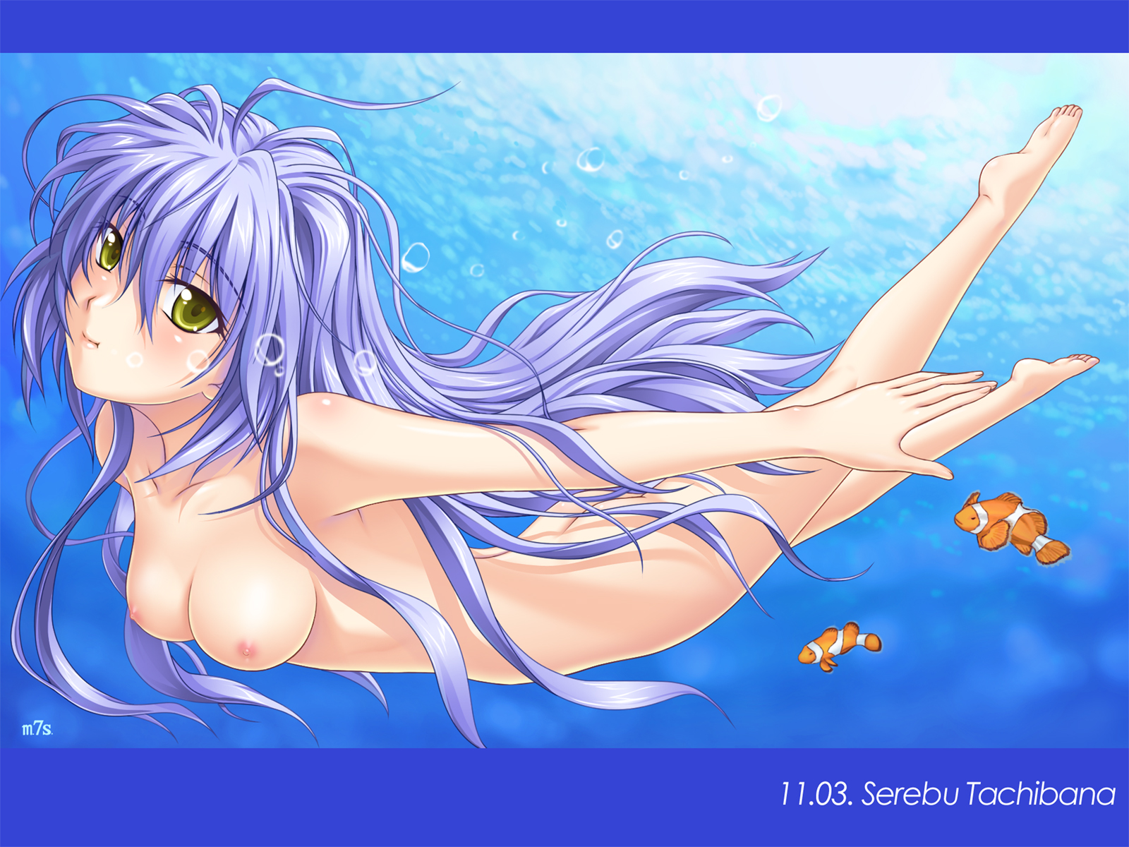 mahiro takeumi, tachibana serebu, tsuyokiss, light purple hair, highres, 1girl, air bubble, barefoot, breasts, breath, bubble, female focus, fish, freediving, green eyes, holding breath, long hair, medium breasts, nipples, nude, purple hair, solo, underwater