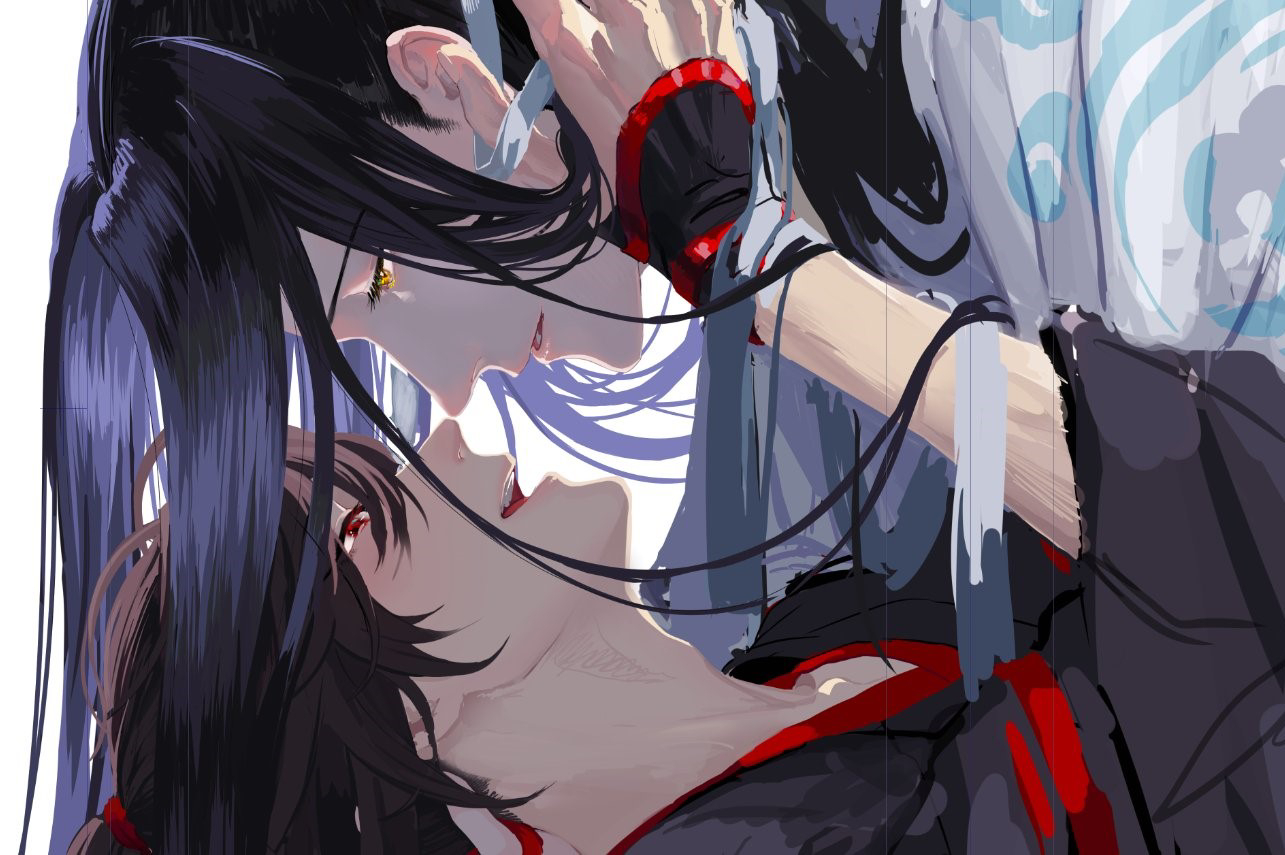 actcat3, lan wangji, wei wuxian, modao zushi, 2boys, bishounen, black hair, black hanfu, blush, brown hair, chinese clothes, couple, eye contact, face-to-face, from side, hair ribbon, hand in another's hair, hand on another's face, hanfu, holding, holding ribbon, long hair, long sleeves, looking at another, lying, male focus, multiple boys, on back, open mouth, parted lips, ponytail, profile, red eyes, red ribbon, ribbon, robe, simple background, smile, untied ribbon, upper body, vambraces, white background, white hanfu, white ribbon, wide sleeves, yaoi, yellow eyes