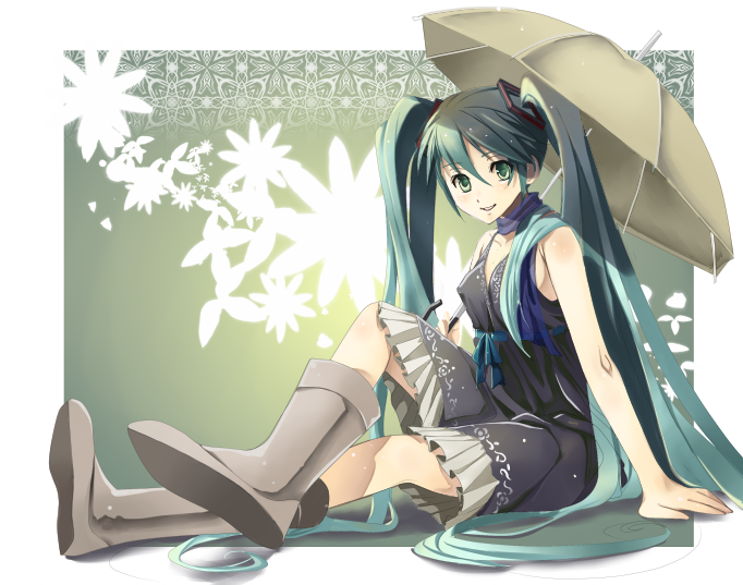 platinumcorundum, hatsune miku, vocaloid, bad id, bad pixiv id, aqua hair, boots, dress, green eyes, hair ornament, long hair, ribbon, rubber boots, scarf, sitting, skirt, smile, solo, tank top, twintails, umbrella, very long hair