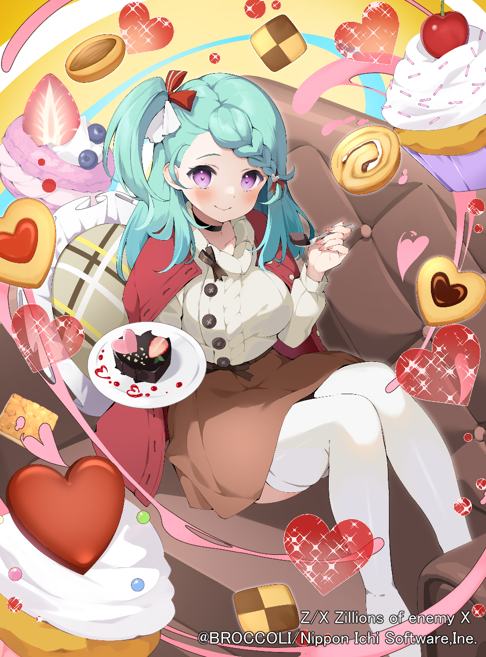 pilokey, z/x, commentary request, highres, official art, 1girl, aqua hair, black choker, blueberry, braid, braided bangs, brown skirt, cake, candy, cardigan, cherry, chocolate, chocolate cake, chocolate heart, choker, closed mouth, cookie, copyright notice, couch, cushion, food, fruit, hair ornament, heart, heart-shaped food, heart hair ornament, holding, holding plate, holding spoon, long hair, on couch, one side up, open cardigan, open clothes, plate, purple eyes, red cardigan, red nails, ribbed sweater, skirt, solo, sparkle, spoon, strawberry, sweater, sweets, thighhighs, tsukigata yuni, white sweater, white thighhighs
