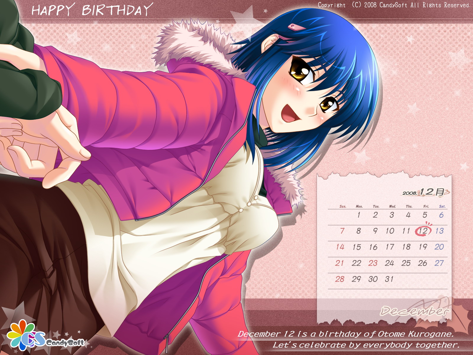 mahiro takeumi, kurogane otome, tsuyokiss, highres, 1girl, blue hair, blush, calendar, coat, dutch angle, holding another's wrist, short hair, solo focus, yellow eyes
