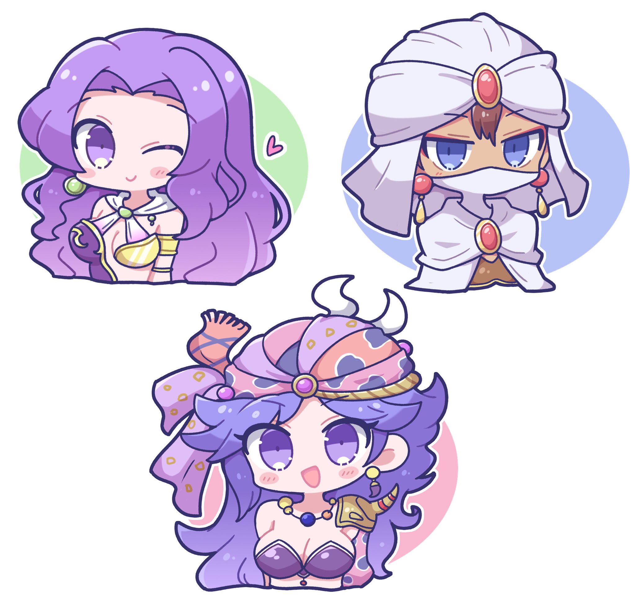 dancer (final fantasy), leila (ff2), maria (ff2), minwu, final fantasy, final fantasy ii, highres, 1boy, 2girls, blue eyes, breasts, chibi, chibi only, cleavage, cloak, cropped torso, earrings, eyeliner, gem, headscarf, jewelry, large breasts, makeup, mask, mouth mask, multiple girls, one eye closed, parted bangs, purple eyes, purple hair, red eyeliner, red gemstone, revealing clothes, shoulder spikes, single shoulder pad, spikes, tkyuff, turban, upper body, wavy hair, white background, white cloak, white mask