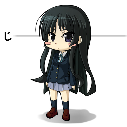 nabeyaki neko, akiyama mio, k-on!, lowres, 00s, 1girl, black eyes, black hair, black theme, blazer, blunt bangs, blush, chibi, female focus, full body, hime cut, jacket, kneehighs, loafers, long hair, miniskirt, pleated skirt, ribbon, school uniform, shoes, skirt, socks, solo, standing