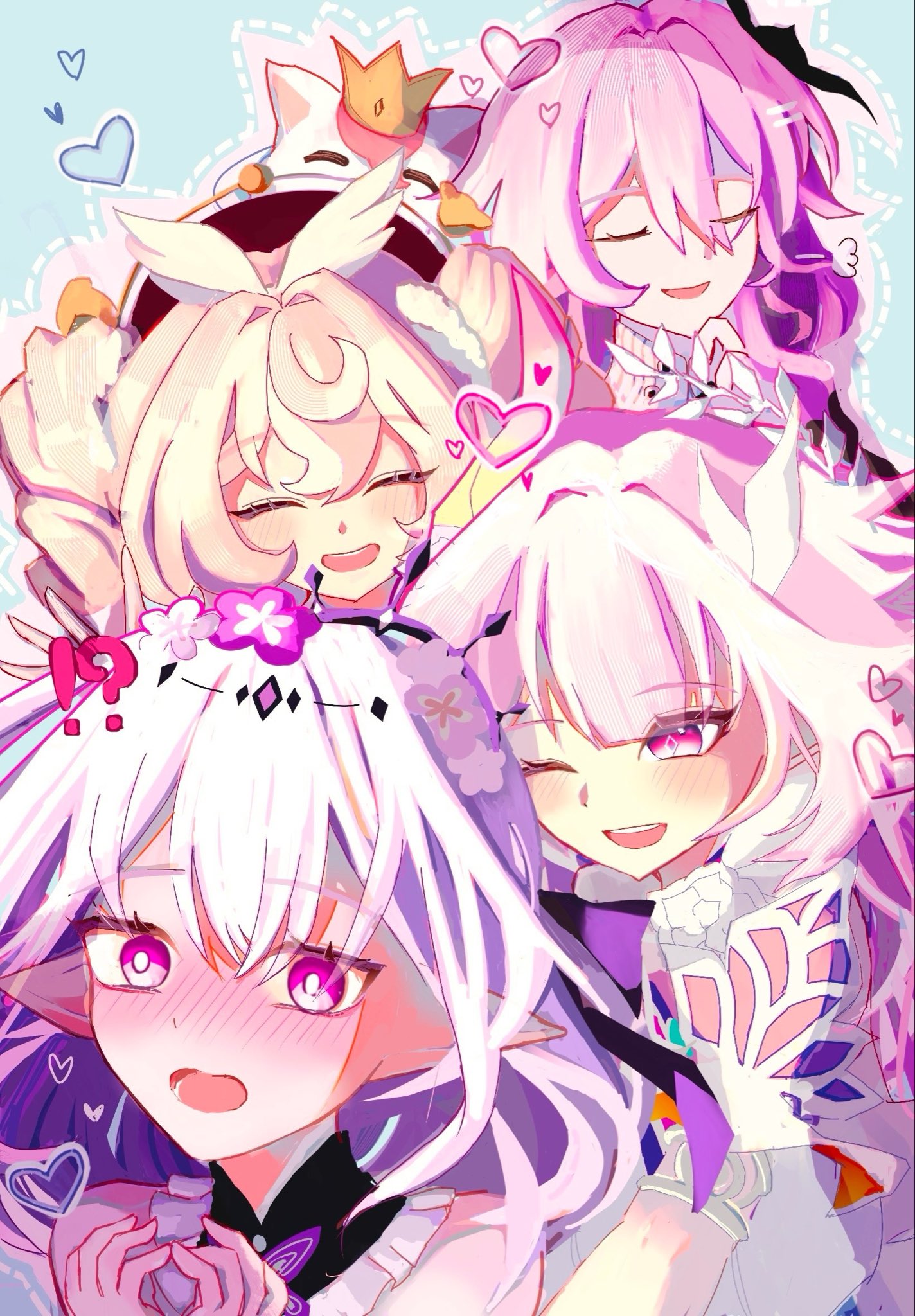 castorice (honkai: star rail), cyrene (honkai: star rail), cyrene (ripples of past reverie) (honkai: star rail), evernight (honkai: star rail), hyacine (honkai: star rail), little ica (honkai: star rail), march 7th (honkai: star rail), honkai: star rail, honkai (series), highres, 4girls, 832cy, blush, closed eyes, dress, heart, long hair, looking at viewer, multiple girls, one eye closed, open mouth, pink hair, purple eyes, short hair, short twintails, smile, twintails, white dress