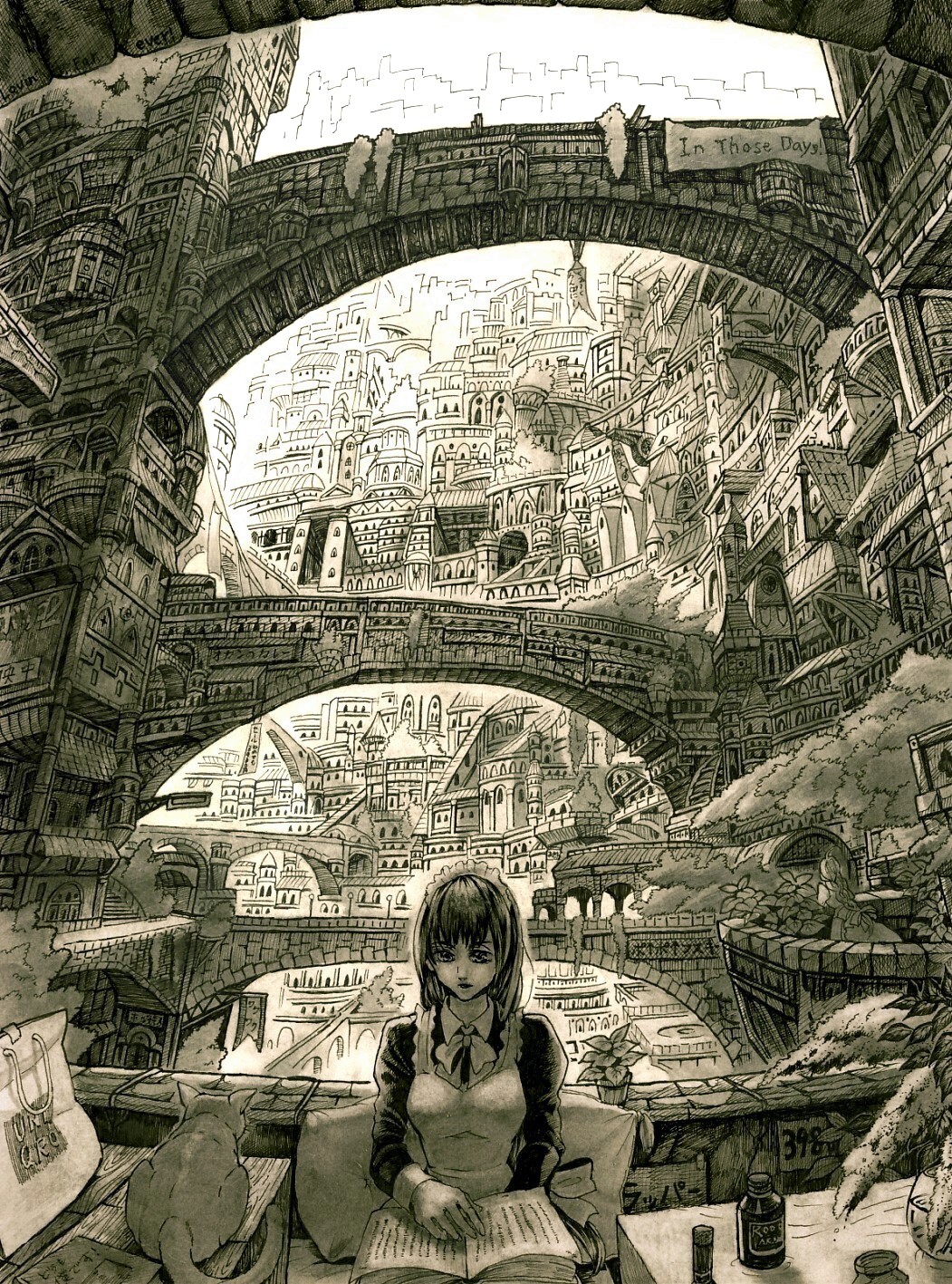 mita mitauzo, kwork, leri, in those days, bad id, bad pixiv id, highres, 1girl, arch, book, bridge, cat, city, female focus, monochrome, open book, reading, sepia, table