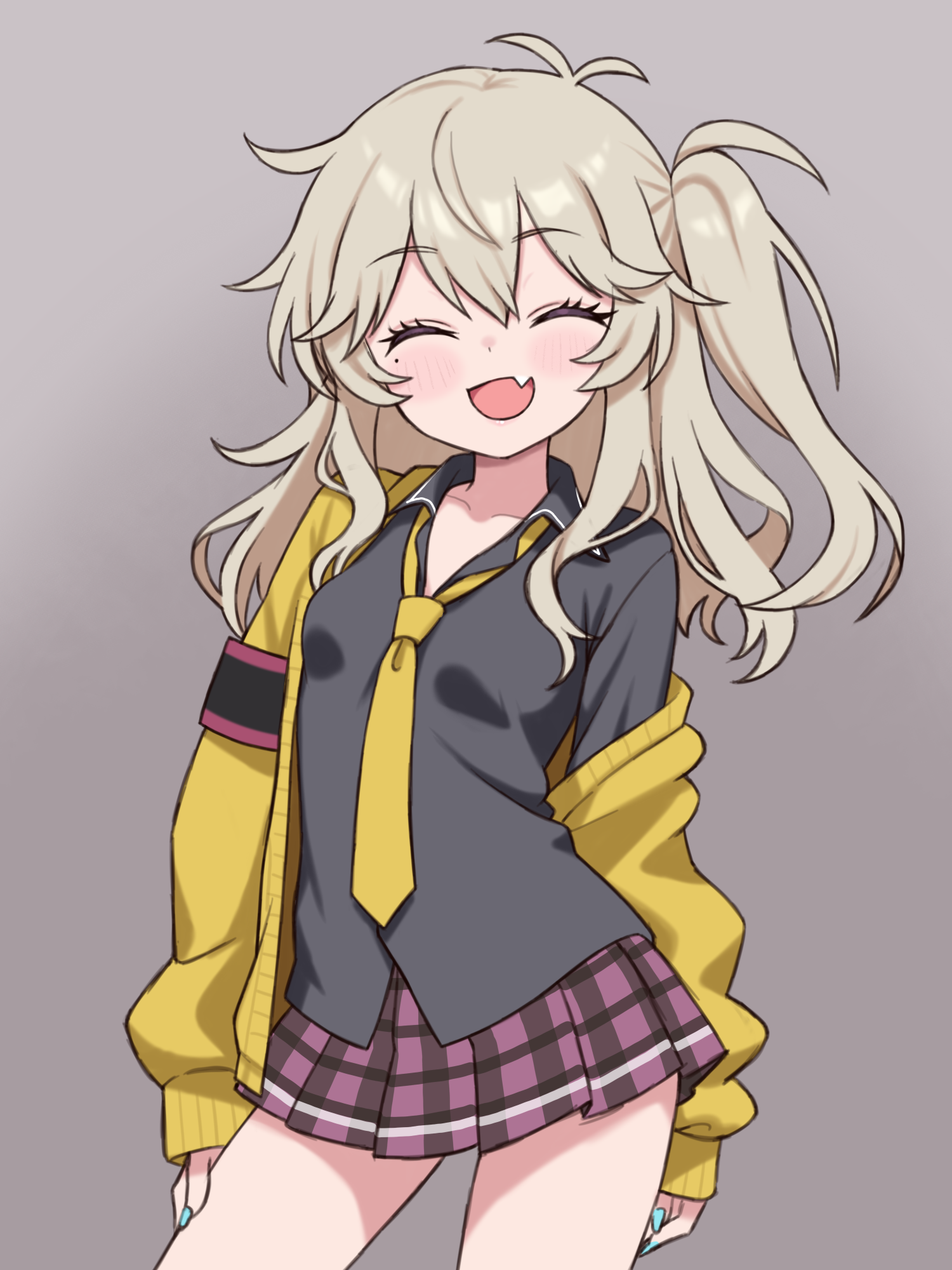 nattocurryumeee, kasukabe tsumugi, voicevox, highres, :d, ^ ^, antenna hair, aqua nails, blush, breasts, brown background, closed eyes, contrapposto, cowboy shot, fang, fingernails, gradient background, jacket, long fingernails, long hair, messy hair, miniskirt, mole, mole under eye, necktie, one side up, open mouth, plaid clothes, plaid skirt, pleated skirt, shirt, skirt, sleeves past wrists, small breasts, smile, untucked shirt, yellow jacket, yellow necktie