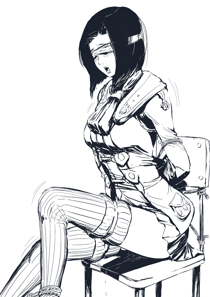 hume (artist), scholar (final fantasy), final fantasy, final fantasy xi, 00s, 1girl, bdsm, blindfold, blue theme, blush, bondage, bound, female focus, hume, monochrome, pussy juice, short hair, solo, thighhighs, trembling, wet, zettai ryouiki