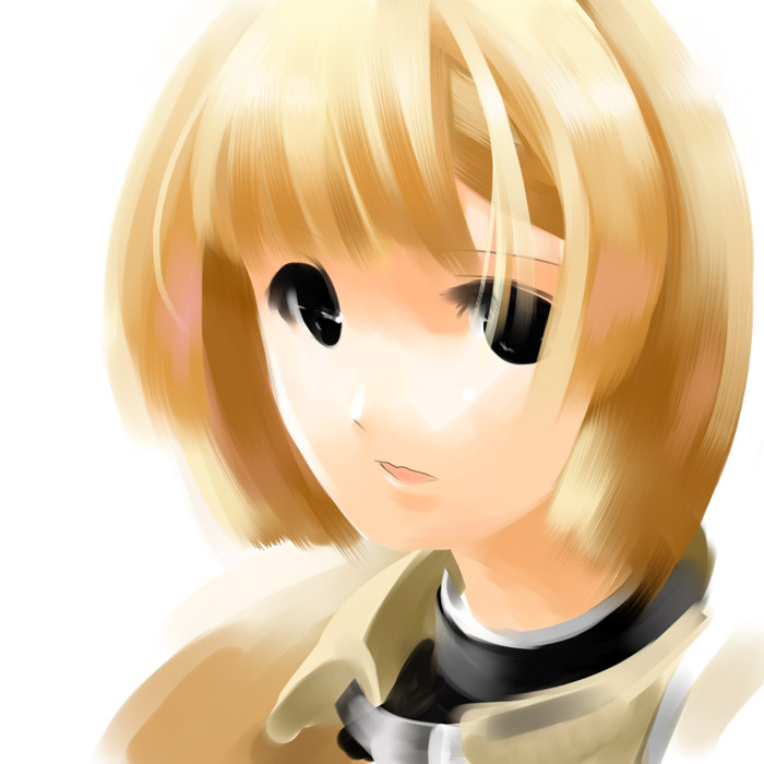 rxsdm, alice l. malvin, pumpkin scissors, 00s, 1girl, black eyes, blonde hair, bob cut, female focus, gradient background, military, military uniform, short hair, solo, white background