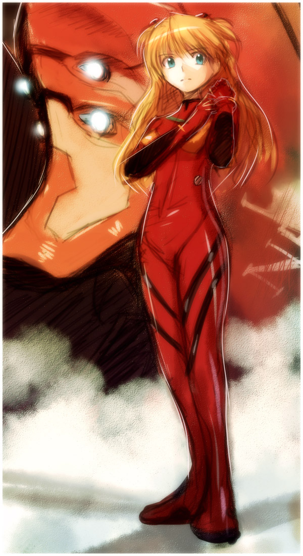 kakaon, eva 02, souryuu asuka langley, evangelion: 2.0 you can (not) advance, neon genesis evangelion, rebuild of evangelion, bad id, bad pixiv id, 00s, 1girl, blue eyes, female focus, full body, mecha, mecha pilot suit, orange hair, plugsuit (evangelion), robot, solo, standing