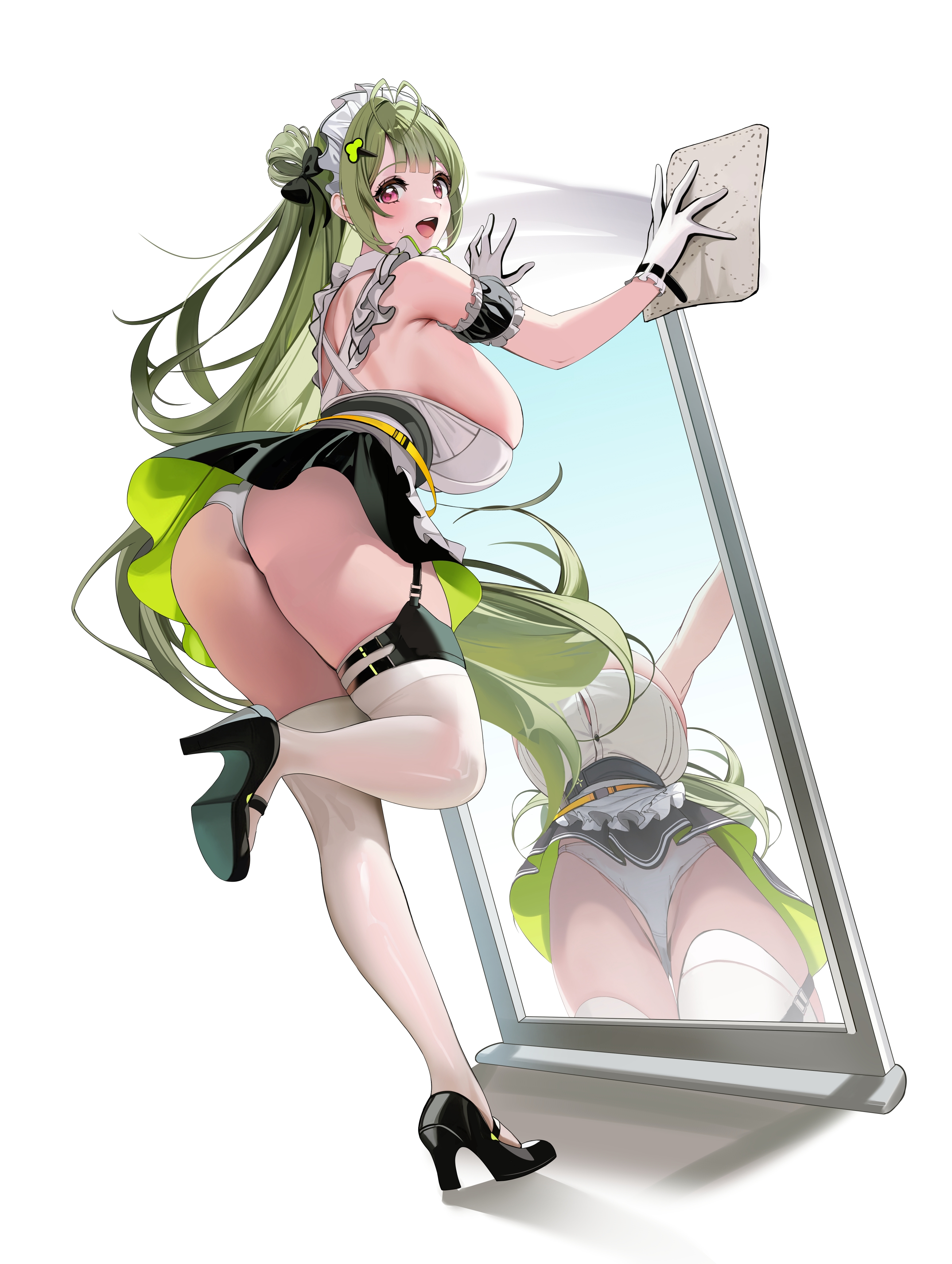 hido (cherryhido), soda (nikke), goddess of victory: nikke, absurdres, highres, 1girl, :d, antenna hair, ass, black shoes, breasts, cleaning rag, full-length mirror, gloves, green hair, high heels, large breasts, long hair, looking at viewer, maid, maid headdress, mirror, open mouth, panties, pantyshot, purple eyes, reflection, shoes, sideboob, smile, solo, standing, standing on one leg, thighhighs, underwear, white gloves, white panties, white thighhighs