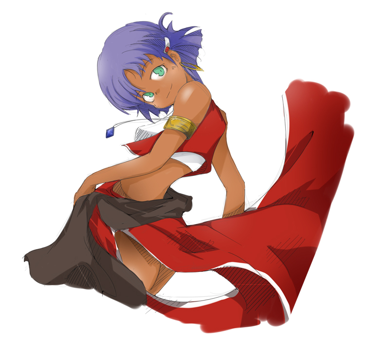 shrike, shrike (dokumawari), nadia la arwall, fushigi no umi no nadia, bad id, bad pixiv id, 1990s (style), 1girl, armband, armlet, back, bandeau, bare shoulders, dark-skinned female, dark skin, earrings, female focus, green eyes, hair ornament, hairclip, jewelry, loincloth, looking back, necklace, pelvic curtain, purple hair, retro artstyle, short hair, smile, solo, strapless, tube top, vest, wind