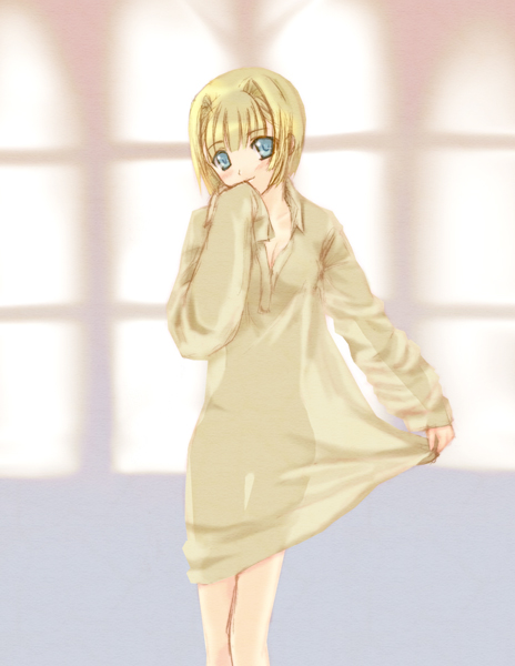 keikou midori, alice l. malvin, pumpkin scissors, 00s, 1girl, blonde hair, blue eyes, blush, bob cut, female focus, head tilt, lingerie, nightgown, oversized clothes, see-through clothes, see-through silhouette, short hair, silhouette, solo, underwear