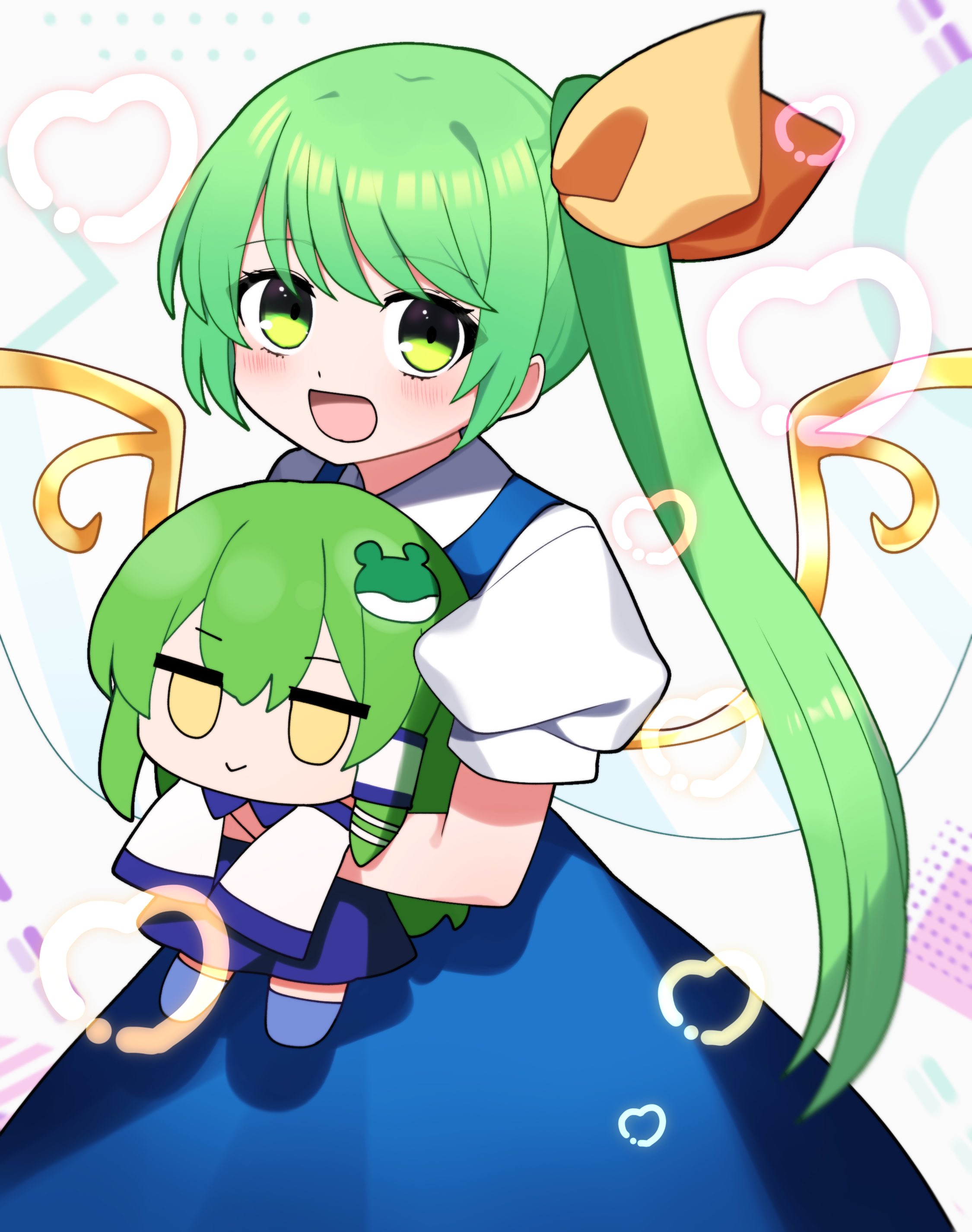 you (noanoamoemoe), daiyousei, kochiya sanae, touhou, absurdres, highres, 1girl, blue dress, blush, character doll, collared shirt, cowboy shot, doll, dress, fairy wings, fumo (doll), green eyes, green hair, hair between eyes, hair ribbon, heart, holding, holding doll, long hair, looking at viewer, open mouth, pinafore dress, puffy short sleeves, puffy sleeves, ribbon, shadow, shirt, short sleeves, side ponytail, simple background, sleeveless, sleeveless dress, smile, solo, standing, white background, white shirt, wings, yellow ribbon