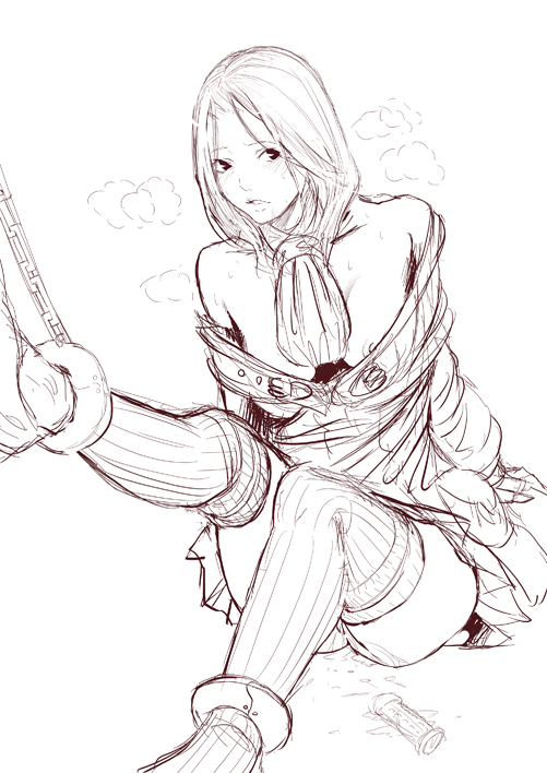 hume (artist), scholar (final fantasy), final fantasy, final fantasy xi, 00s, 1girl, bdsm, blush, bondage, bound, breasts, dildo, female focus, hume, long hair, monochrome, nipples, pussy juice, saliva, sex toy, sketch, solo, thighhighs