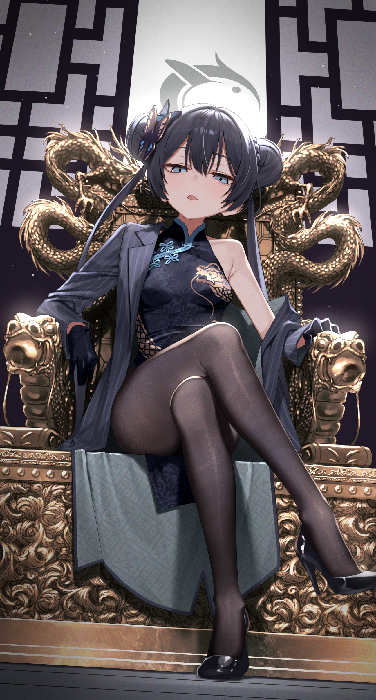 greenkohgen, kisaki (blue archive), blue archive, absurdres, commentary request, highres, 1girl, black dress, black gloves, black hair, black pantyhose, black shoes, breasts, butterfly hair ornament, china dress, chinese clothes, crossed legs, dragon print, dress, full body, gloves, grey eyes, hair ornament, halo, high heels, indoors, jacket, legs, long hair, long sleeves, looking at viewer, open clothes, open jacket, open mouth, pantyhose, pumps, shoes, single bare shoulder, sitting, small breasts, thighs, twintails