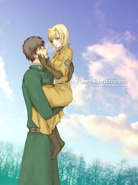 keikou midori, alice l. malvin, randal orlando, pumpkin scissors, 00s, 1boy, 1girl, blonde hair, blue eyes, bob cut, boots, carrying, cloud, day, gloves, military, military uniform, short hair, sky, tree