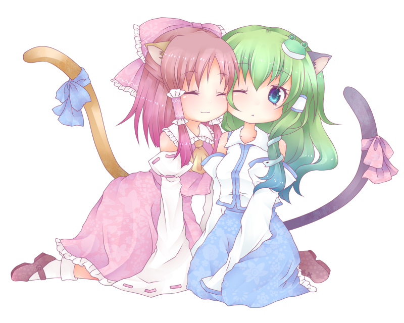 shiguri, hakurei reimu, kochiya sanae, touhou, bad id, bad pixiv id, 2girls, :<, :3, ;<, animal ears, blue eyes, brown hair, cat ears, cat girl, cat tail, closed eyes, detached sleeves, female focus, frog, green hair, japanese clothes, kemonomimi mode, kneeling, mary janes, miko, multiple girls, one eye closed, ribbon, shoes, short hair, sitting, sleeves past wrists, snake, tail, tail ornament, tail ribbon, transparent background, wide sleeves, wince, wink