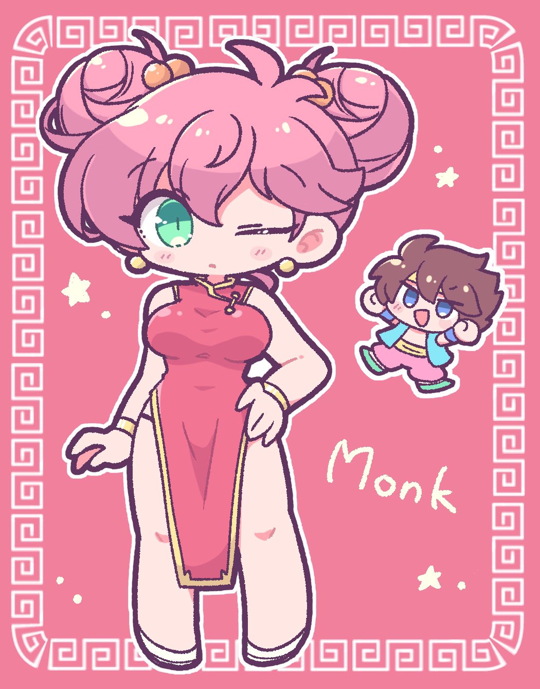 bartz klauser, lenna charlotte tycoon, monk (final fantasy), final fantasy, final fantasy v, highres, 1boy, 1girl, bare shoulders, blue eyes, blue vest, blush stickers, bracelet, breasts, brown hair, chibi, chibi inset, china dress, chinese clothes, double bun, dress, earrings, full body, gold bracelet, gold earrings, gold trim, green eyes, green shoes, hair between eyes, hair bobbles, hair bun, hair ornament, hand on own hip, jewelry, long dress, medium breasts, one eye closed, open mouth, panties, pelvic curtain, pink background, pink hair, pink panties, red dress, shoes, short hair, sleeveless, sleeveless dress, smile, standing, tkyuff, underwear, vest, white shoes
