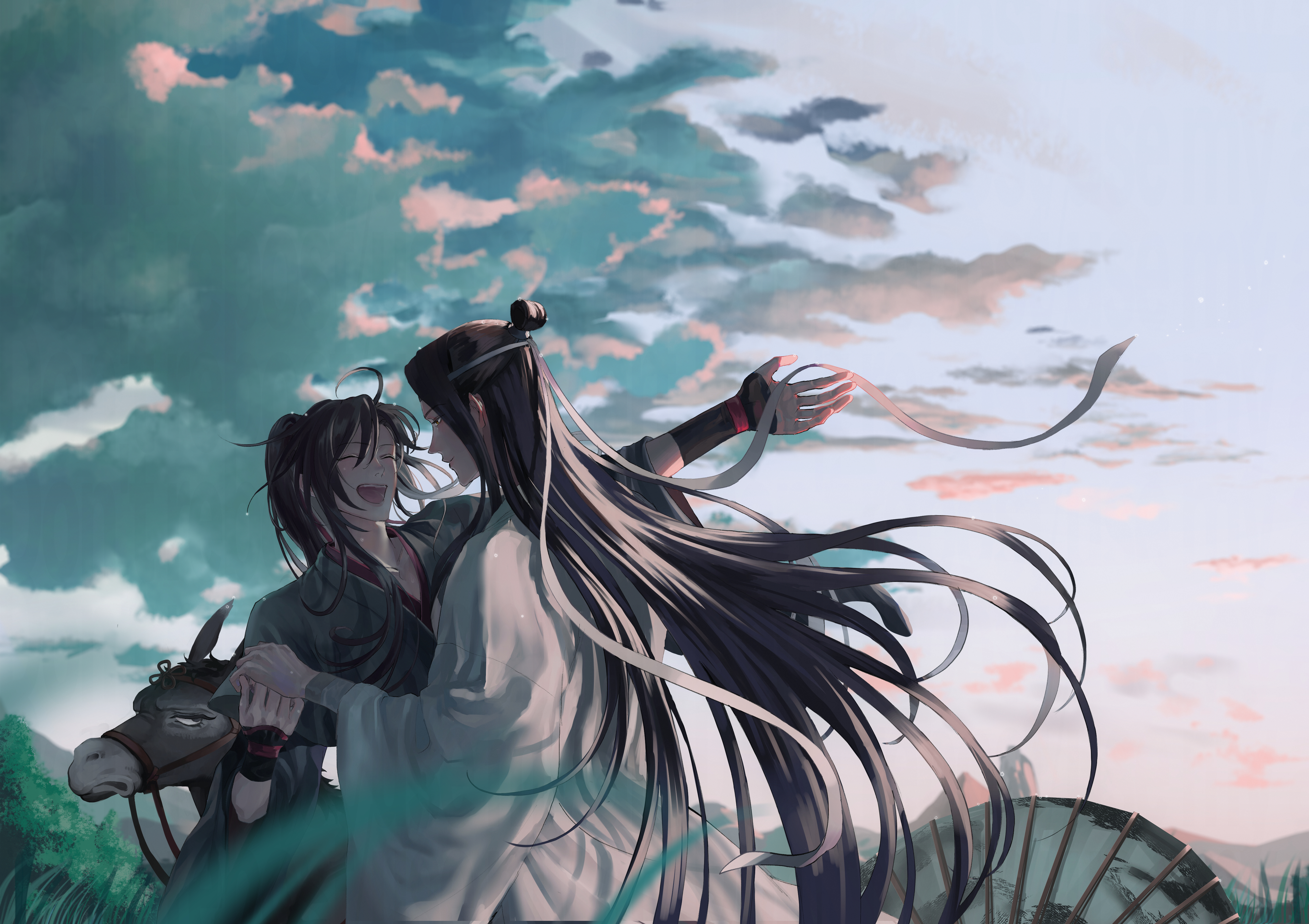 actcat3, lan wangji, wei wuxian, modao zushi, absurdres, highres, 2boys, ahoge, animal, black hair, black hanfu, blurry, blurry foreground, chinese clothes, closed eyes, closed mouth, cloud, cloudy sky, couple, donkey, floating hair, grass, hair ribbon, hand up, hanfu, headband, holding, holding hands, holding ribbon, leaf, little apple (donkey), long hair, long sleeves, looking at another, male focus, mountain, multiple boys, oil-paper umbrella, open mouth, outdoors, ponytail, red ribbon, ribbon, robe, shade, sidelocks, sky, smile, topknot, tree, umbrella, vambraces, very long hair, white hanfu, white headband, wide sleeves, yaoi