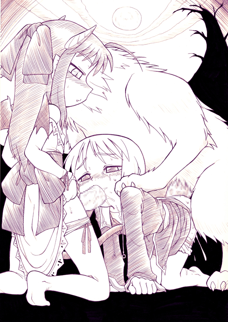 ph-bu, 1futa, 1girl, all fours, bestiality, blush, censored, dog, doggystyle, fellatio, full body, futa with female, futanari, horns, kneeling, loli, monochrome, oral, penis, saliva, sex, sex from behind, spitroast, tears, thighhighs, wings
