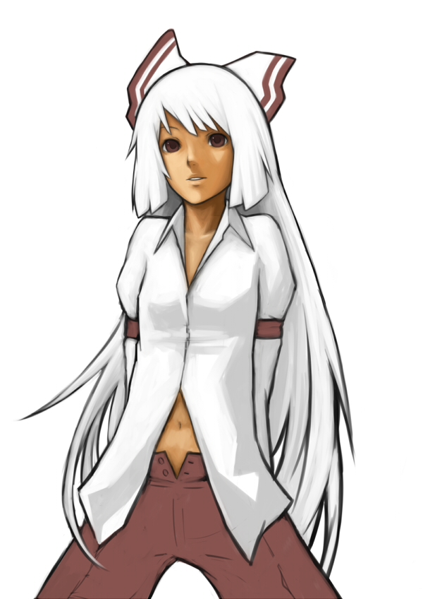riichi, shun (nikoru555), fujiwara no mokou, touhou, bad id, bad pixiv id, 1girl, dark-skinned female, dark skin, female focus, flat chest, hair ribbon, long hair, midriff, navel, purple eyes, ribbon, solo, white hair